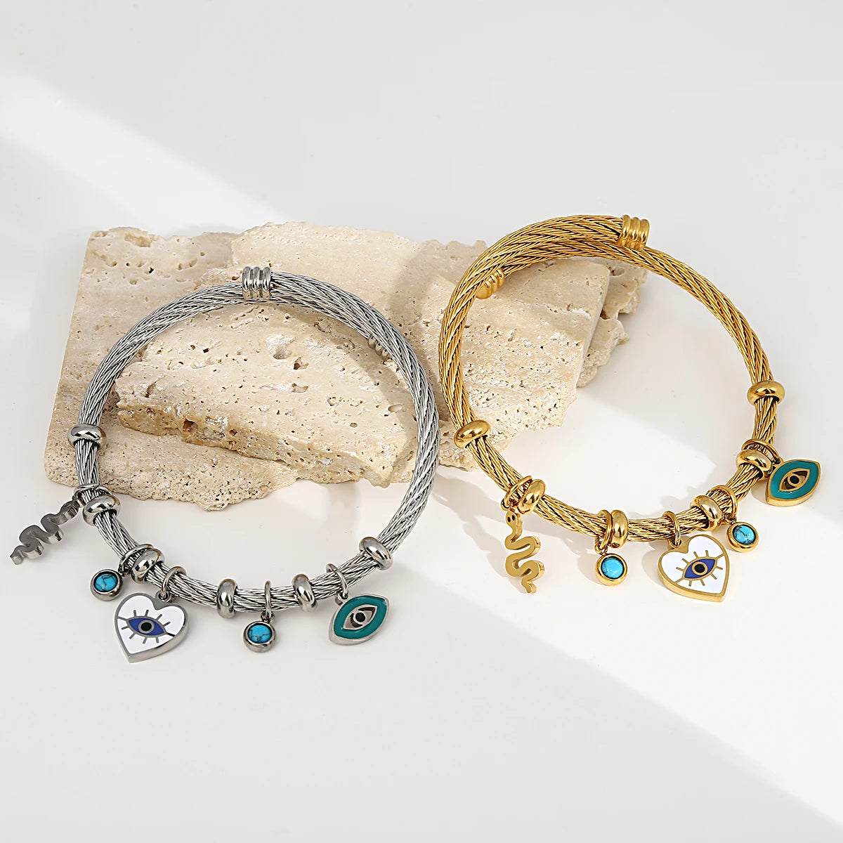 Enamel Snake Evil Eye Stainless Steel Charm Bangle