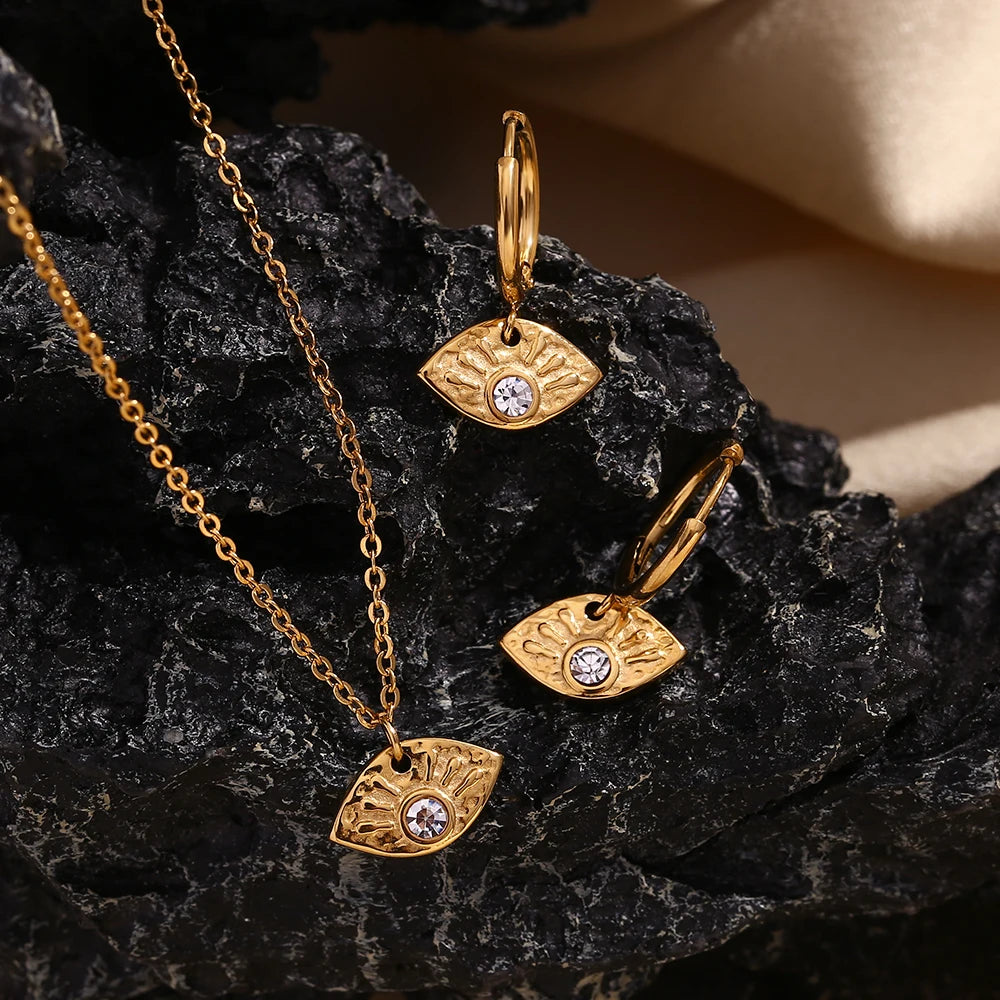 18K Gold Plated Evil Eye Drop Hoops