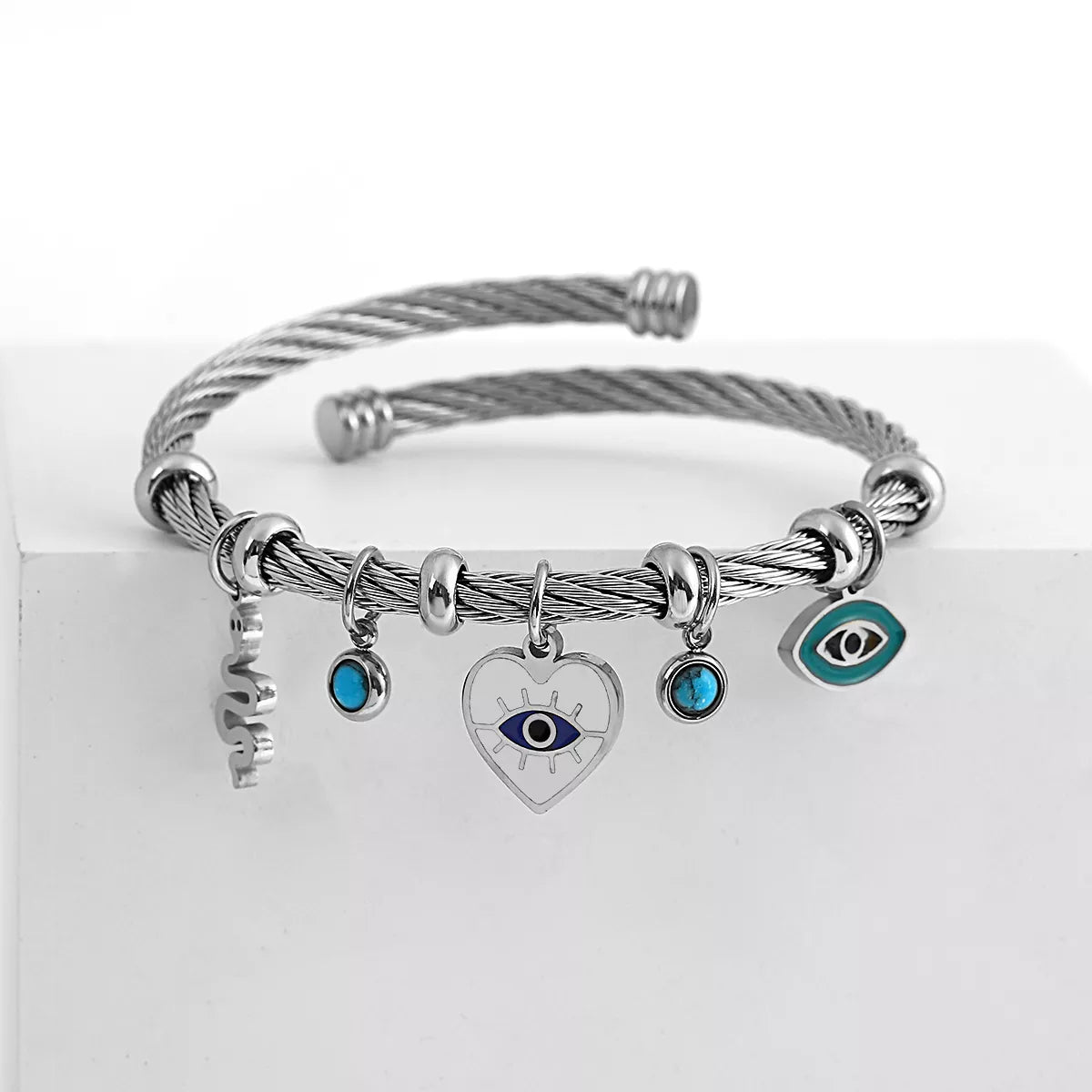 Enamel Snake Evil Eye Stainless Steel Charm Bangle
