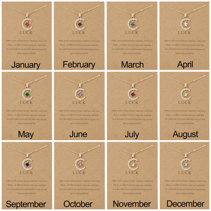 Crescent Moon Star Birthstone Necklace