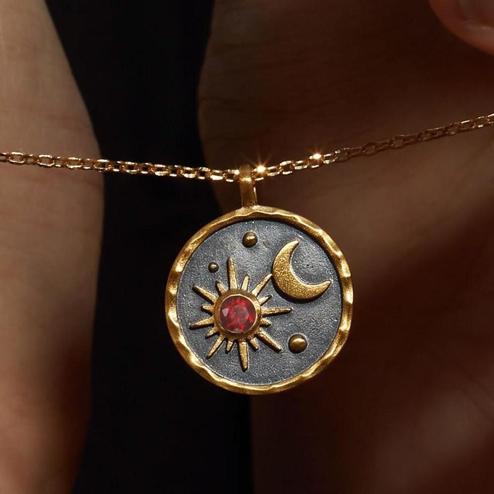 Vintage Moon Sun Birthstone Necklace