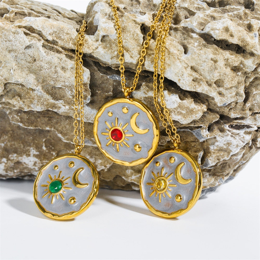 Vintage Moon Sun Birthstone Necklace