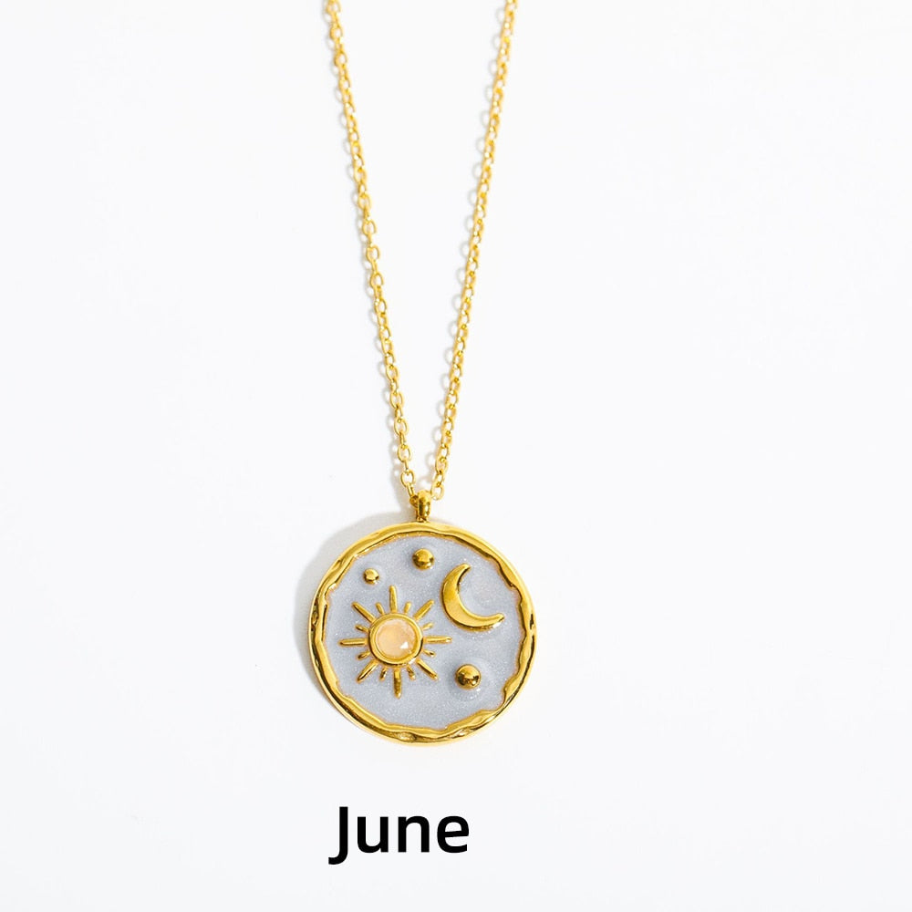 Vintage Moon Sun Birthstone Necklace