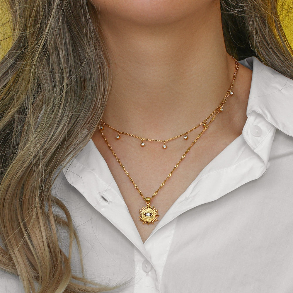 Evil Eye Sun Charm 18k Gold Plated Necklace