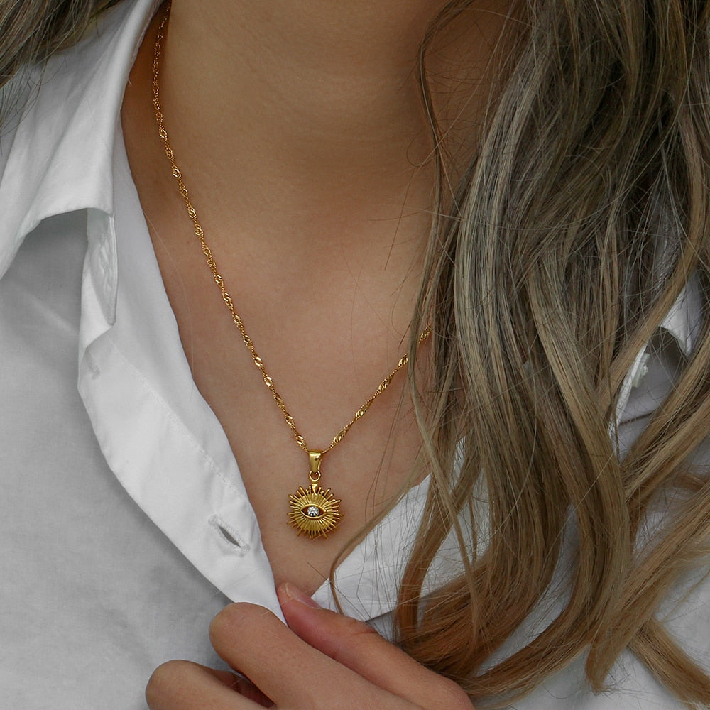 Evil Eye Sun Charm 18k Gold Plated Necklace