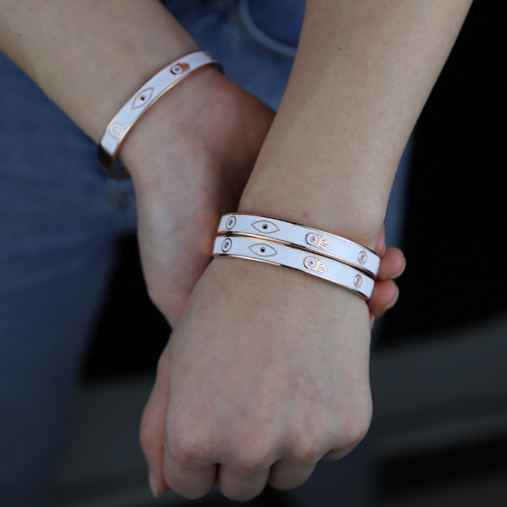 White/Rose Gold Evil Eye Cuff Bangle