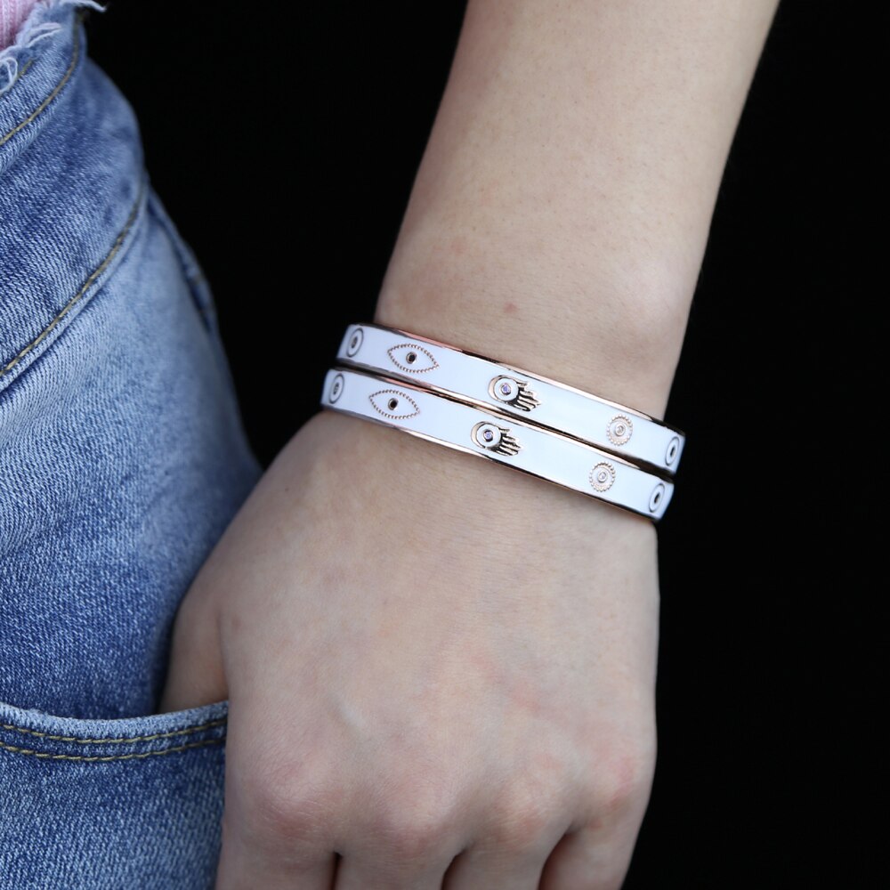 White/Rose Gold Evil Eye Cuff Bangle