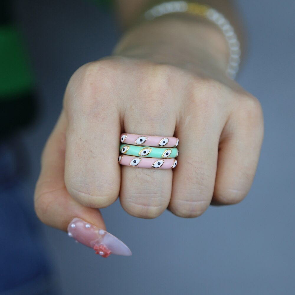 Pink/Green Enamel Evil Eye Ring