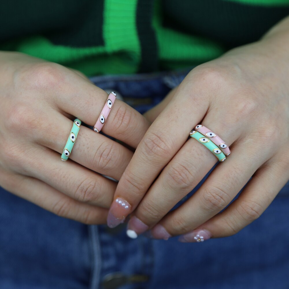 Pink/Green Enamel Evil Eye Ring