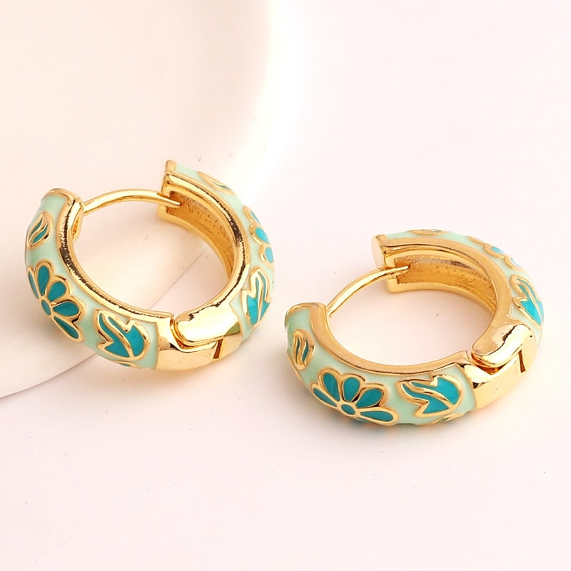 Enamel Floral Huggie Hoop Earrings