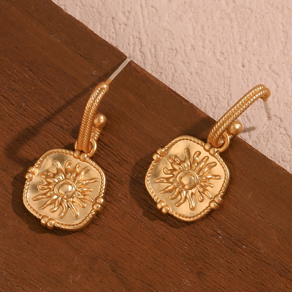 Embossed Fire Sun Drop Hoop Earrings