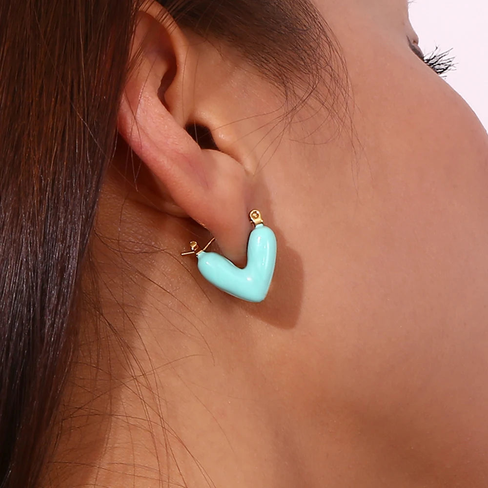 Enamel Hollow Heart Drop Hoop Earrings