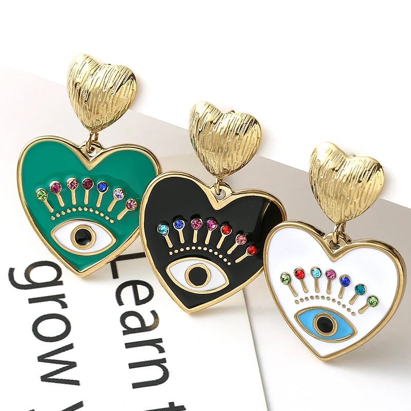 14k Gold Plated Evil Eye Heart Drop Earrings