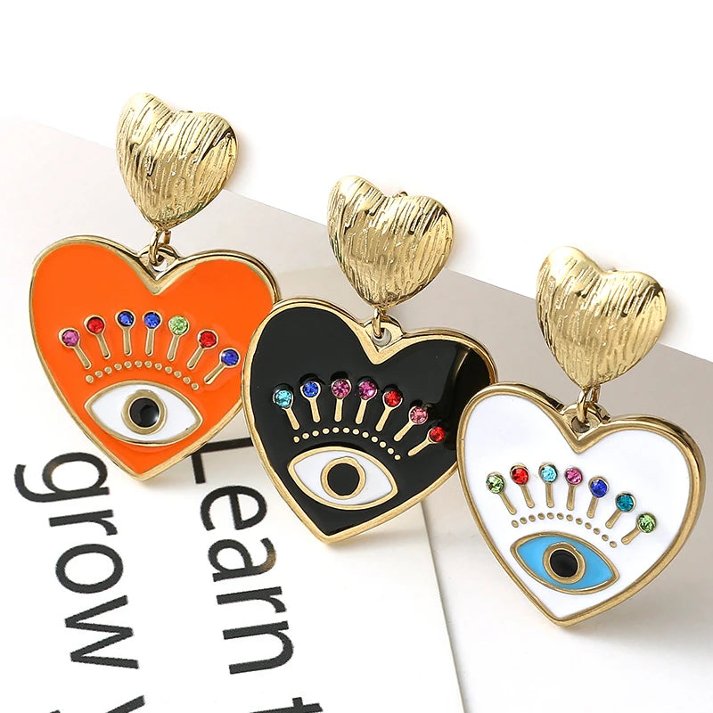 14k Gold Plated Evil Eye Heart Drop Earrings