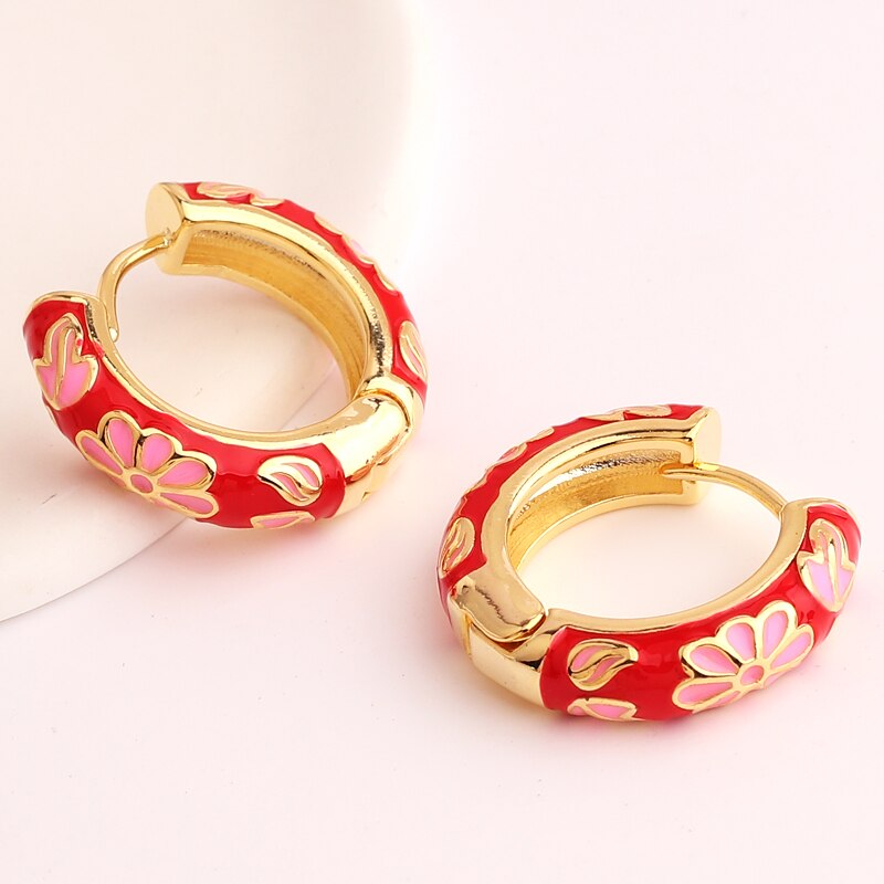 Enamel Floral Huggie Hoop Earrings