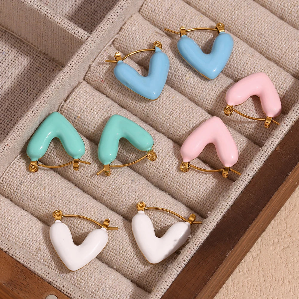 Enamel Hollow Heart Drop Hoop Earrings