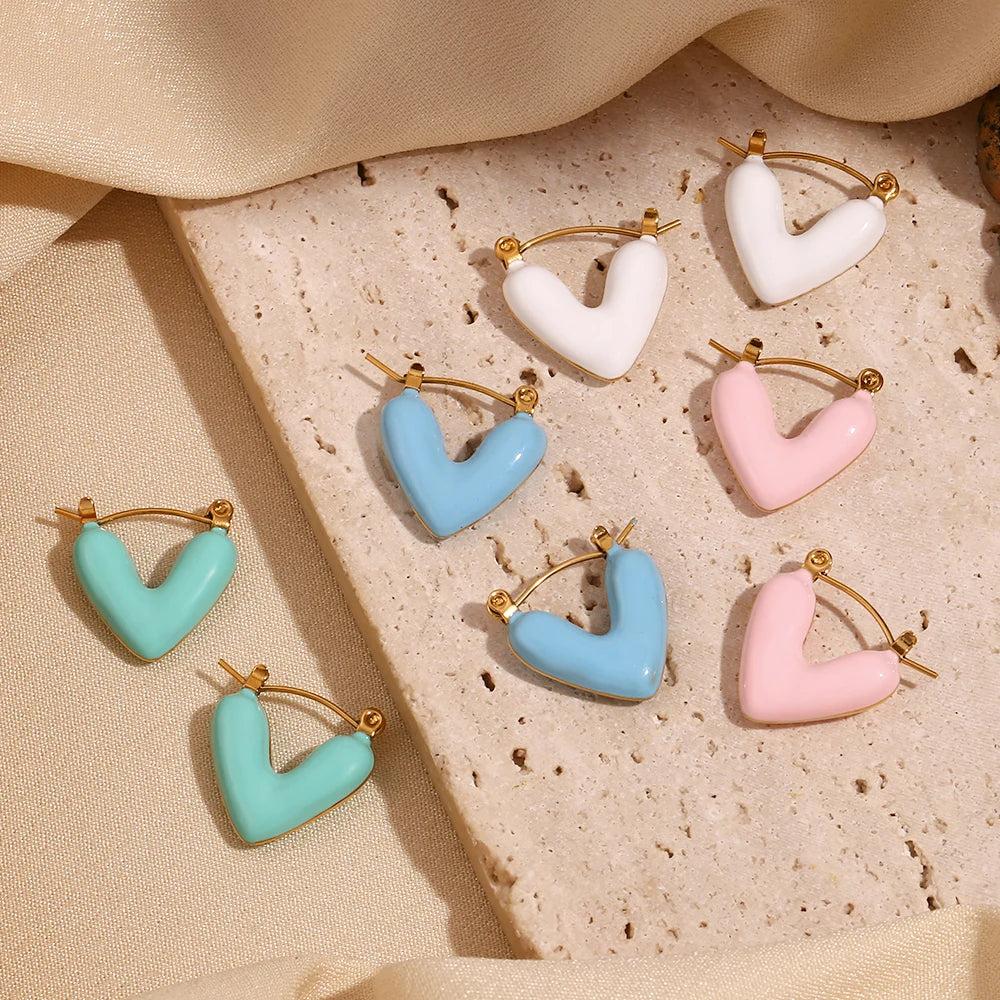 Enamel Hollow Heart Drop Hoop Earrings