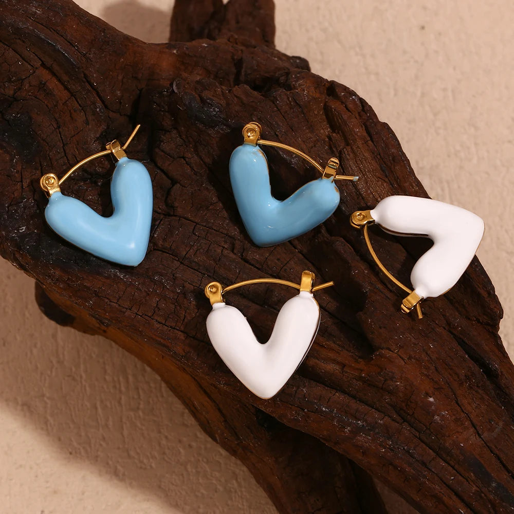 Enamel Hollow Heart Drop Hoop Earrings