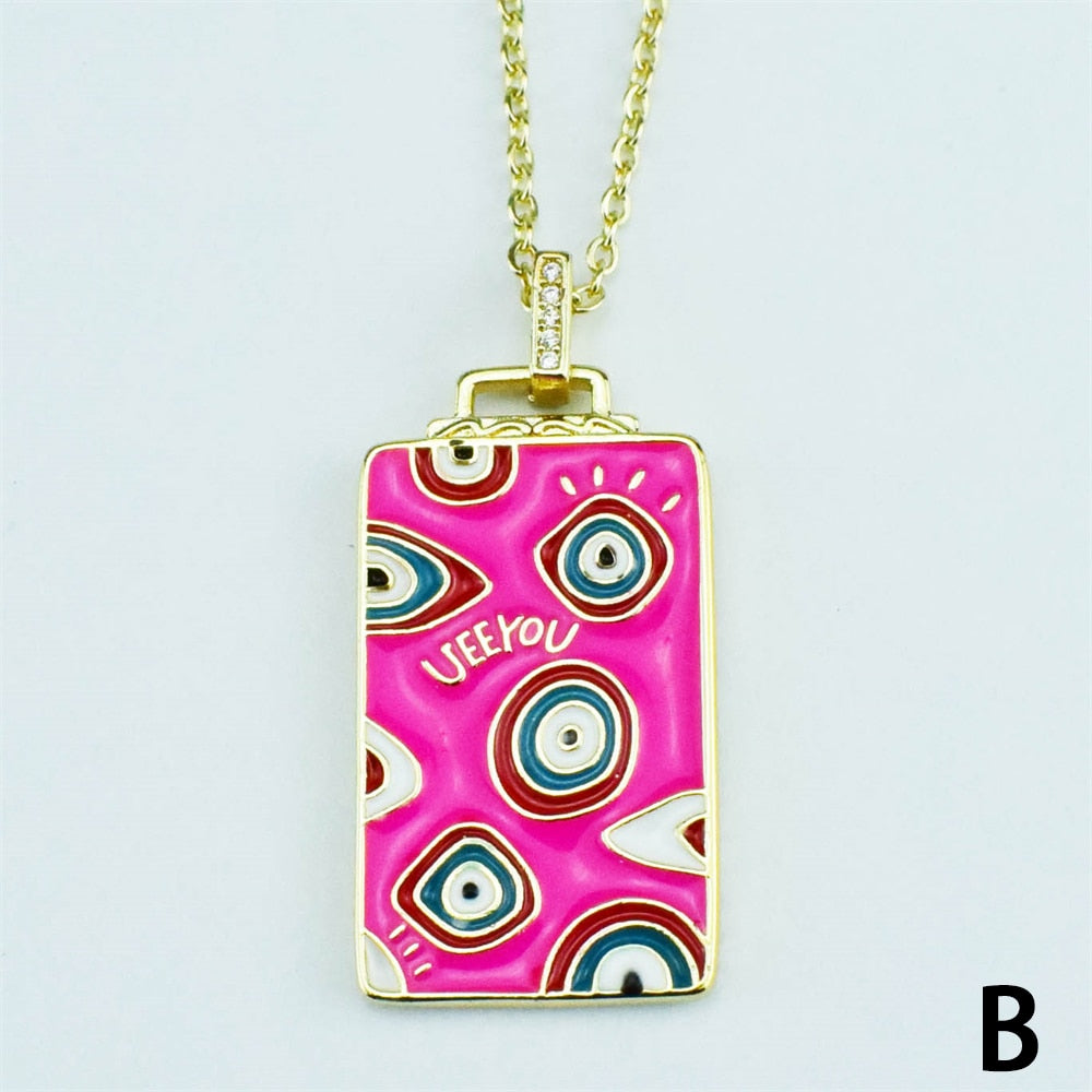 Enamel Evil Eye Rectangle Pendant Necklace