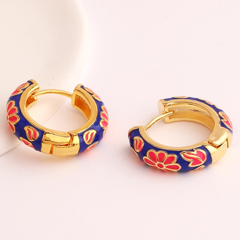 Enamel Floral Huggie Hoop Earrings