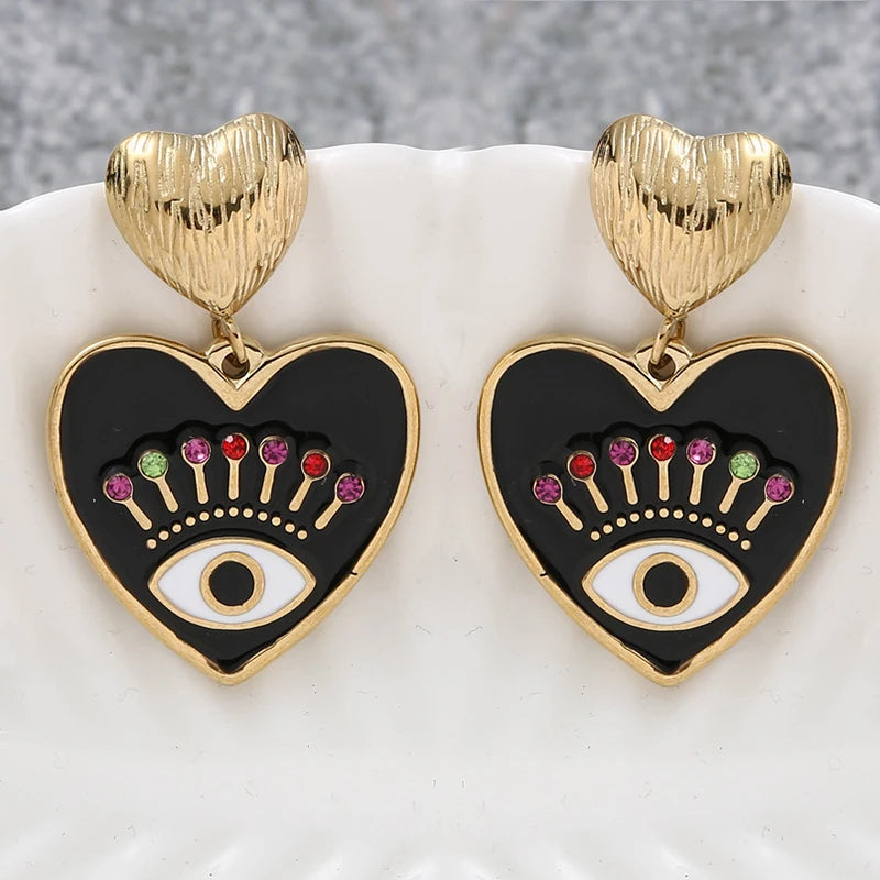 14k Gold Plated Evil Eye Heart Drop Earrings