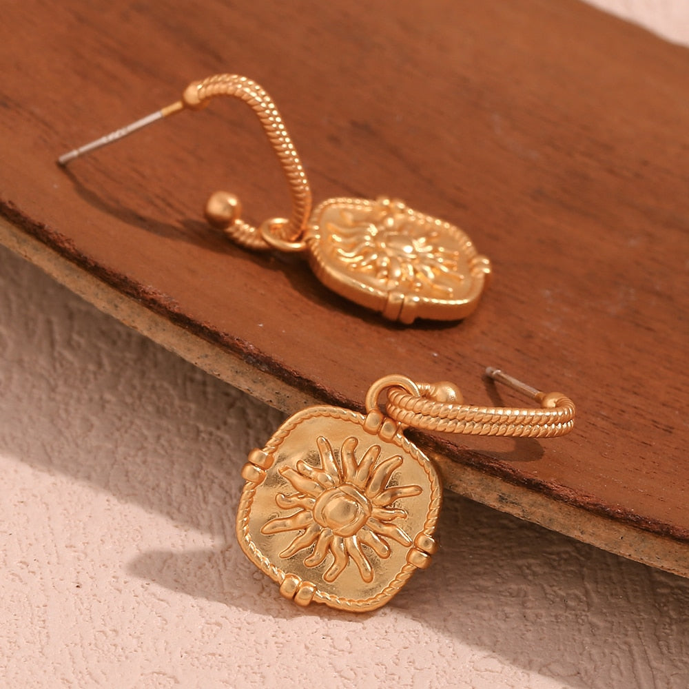 Embossed Fire Sun Drop Hoop Earrings