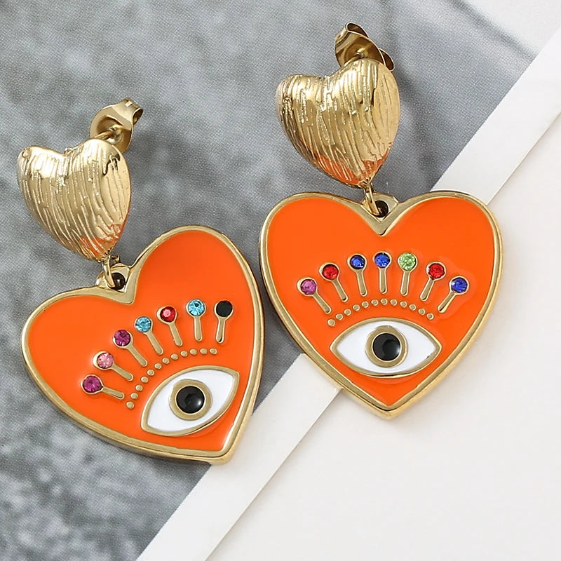 14k Gold Plated Evil Eye Heart Drop Earrings