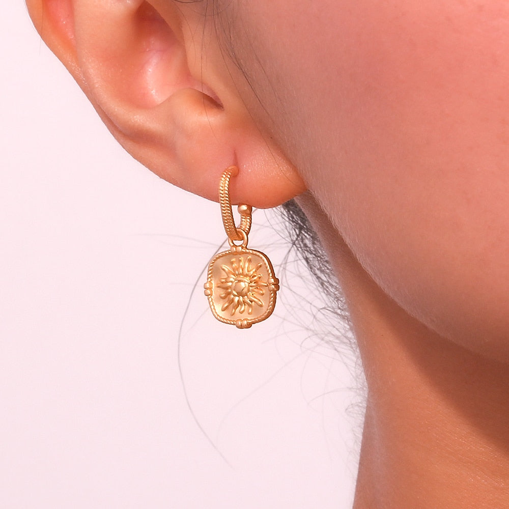 Embossed Fire Sun Drop Hoop Earrings