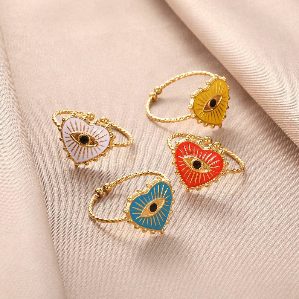 Geometric Heart Evil Eye Open Rings