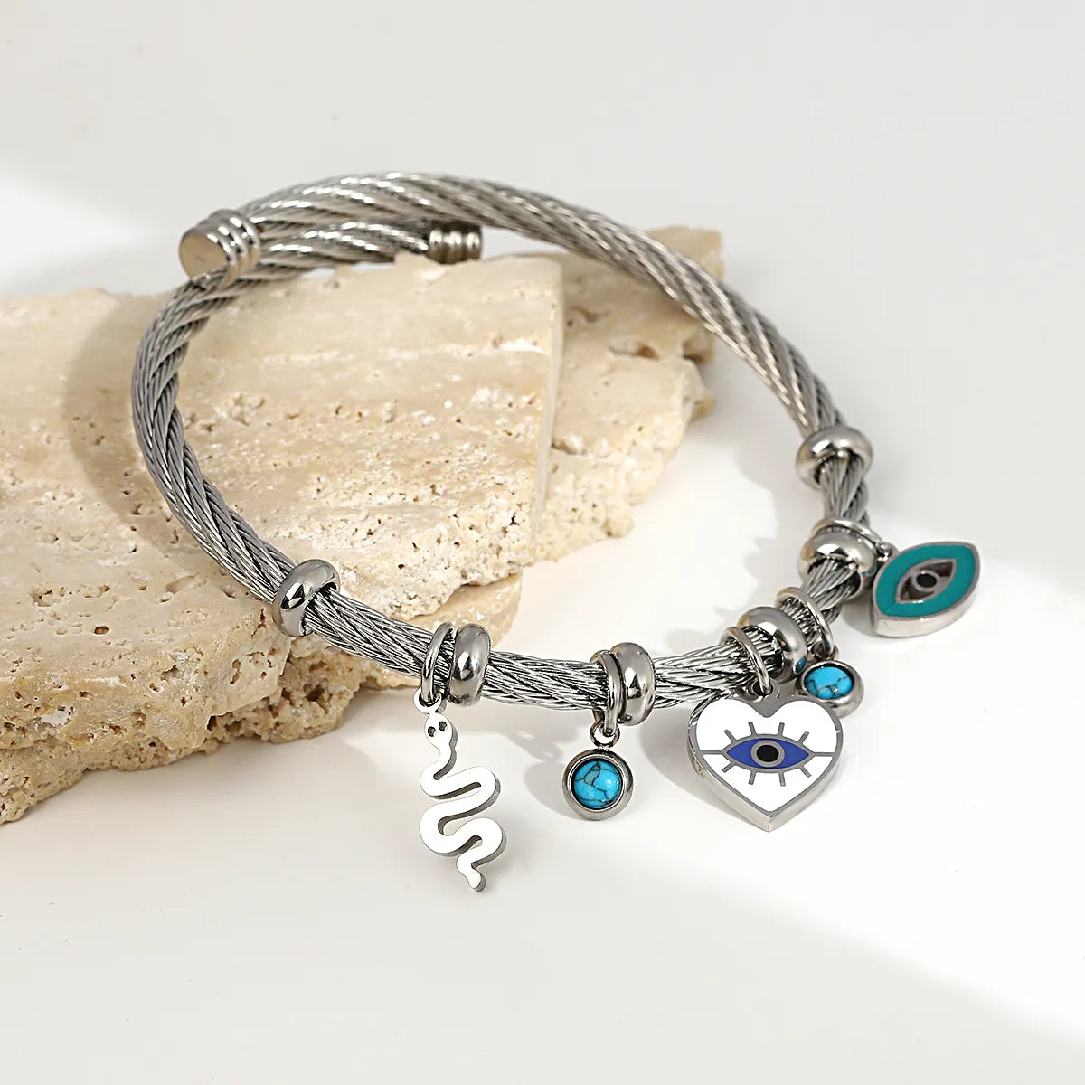 Enamel Snake Evil Eye Stainless Steel Charm Bangle