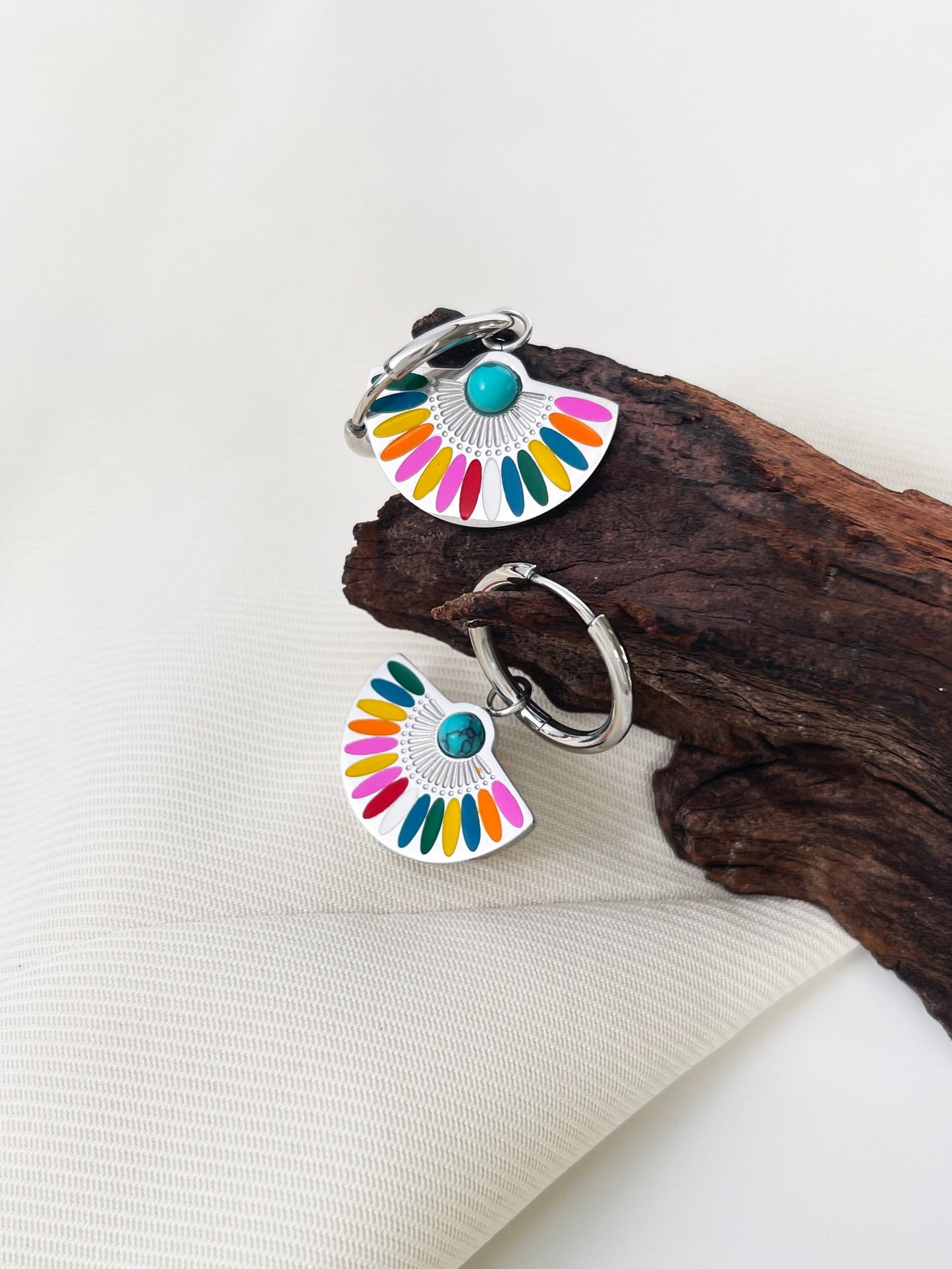 Fan Shaped Enamel Charm Hoop Earrings