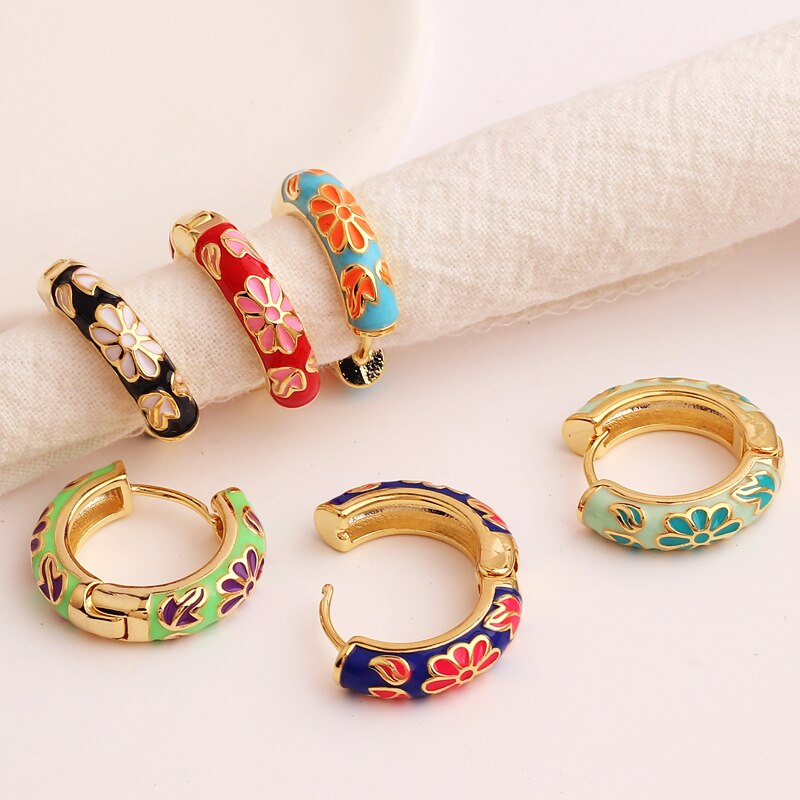 Enamel Floral Huggie Hoop Earrings