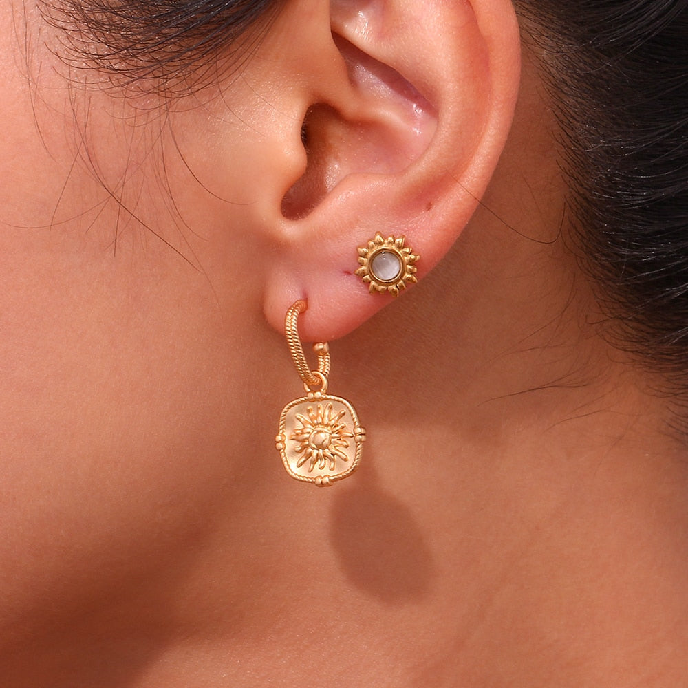 Embossed Fire Sun Drop Hoop Earrings