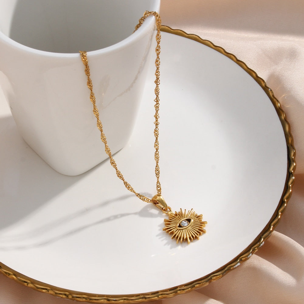 Evil Eye Sun Charm 18k Gold Plated Necklace