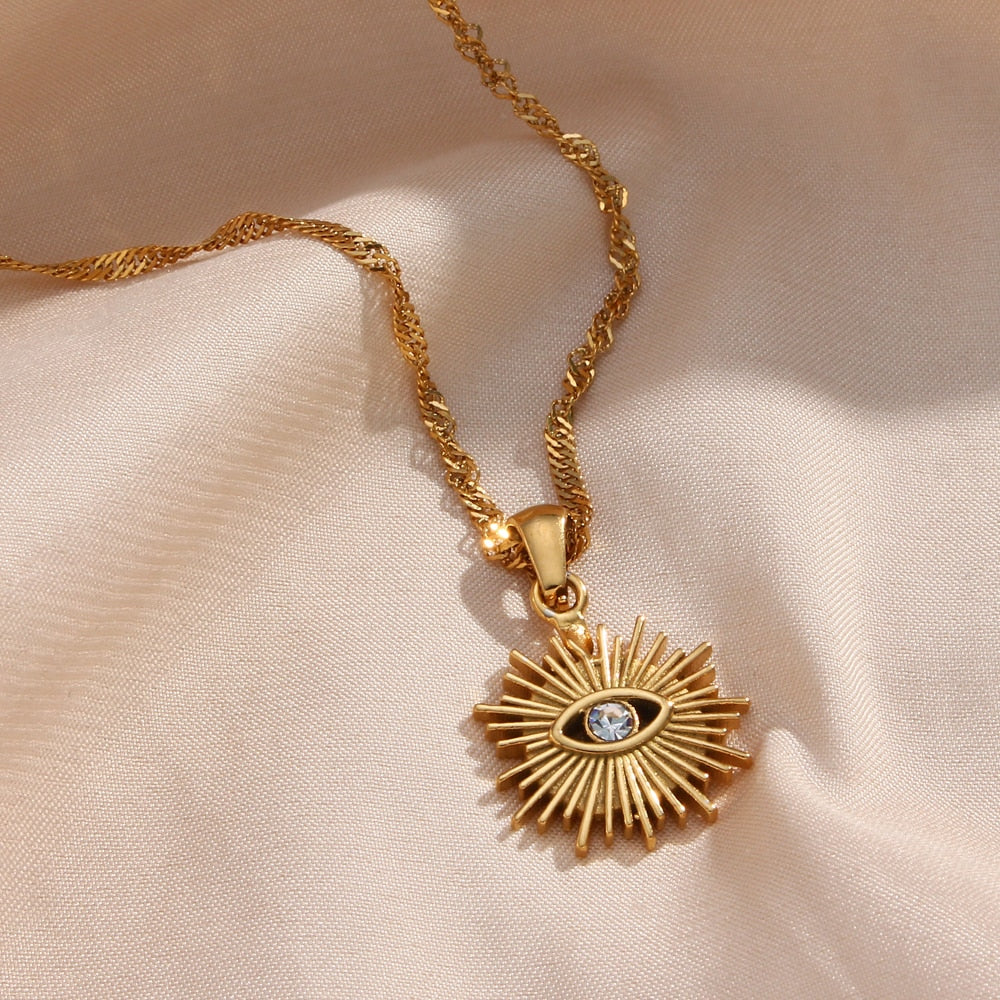 Evil Eye Sun Charm 18k Gold Plated Necklace