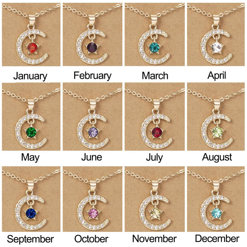 Crescent Moon Star Birthstone Necklace