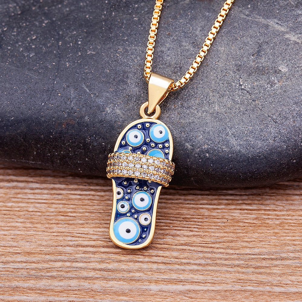 Pave Slipper Evil Eye Pendant Necklace