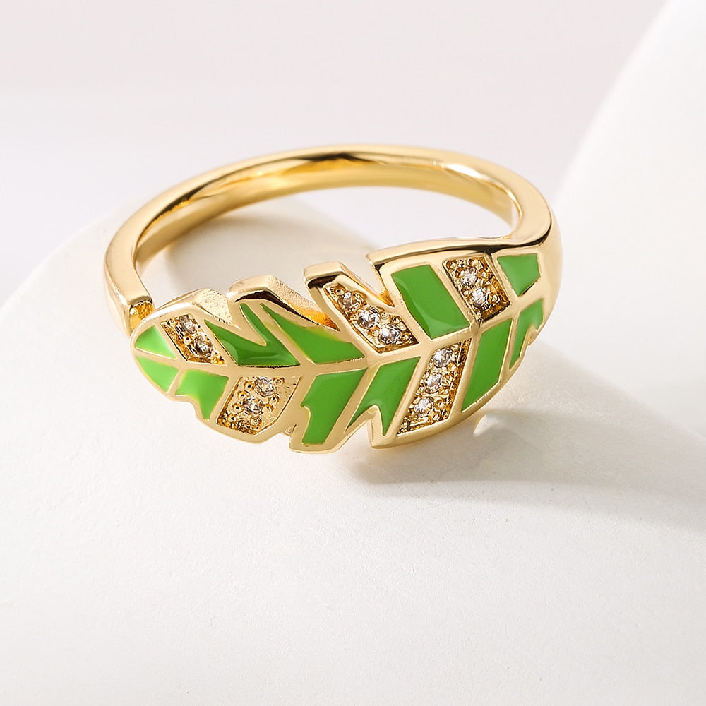 Enamel Zircon Feather Ring