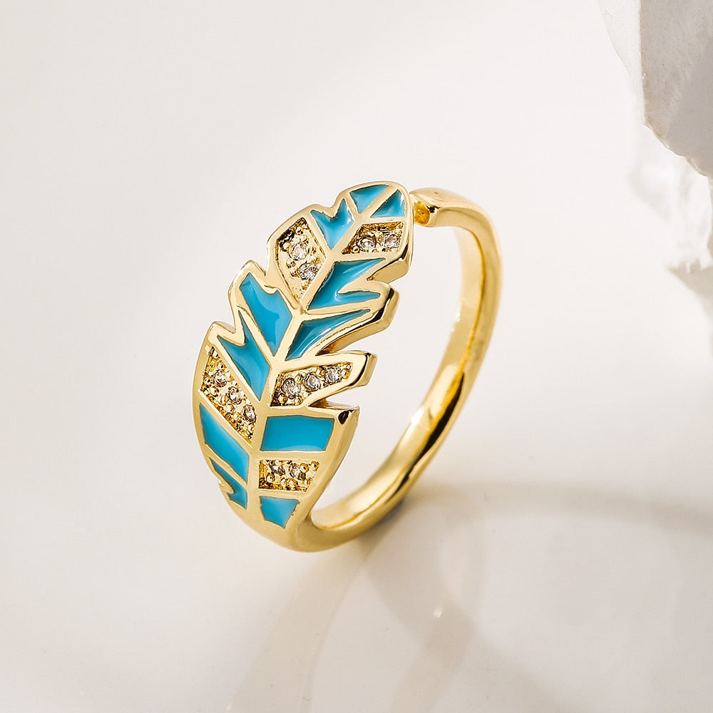 Enamel Zircon Feather Ring