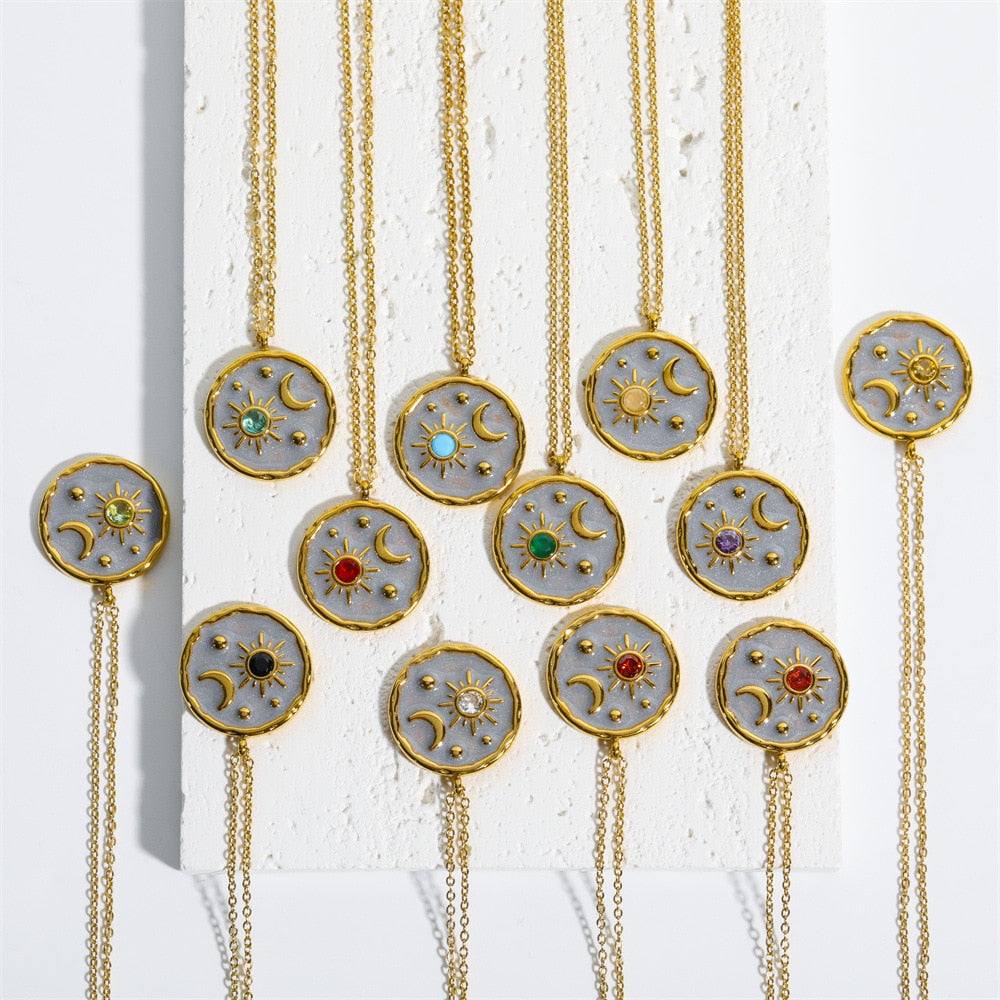 Vintage Moon Sun Birthstone Necklace