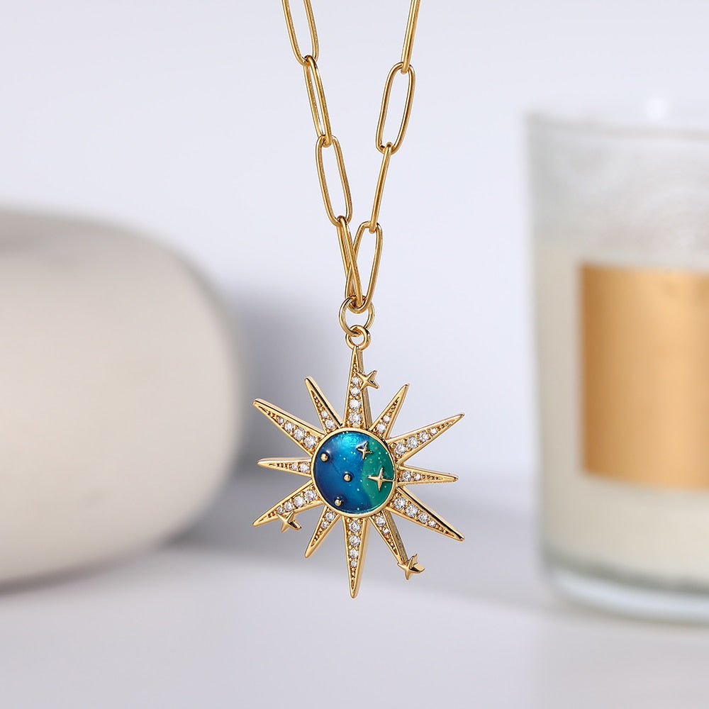 Blue Star Sun Moon Rainbow Deer Necklace