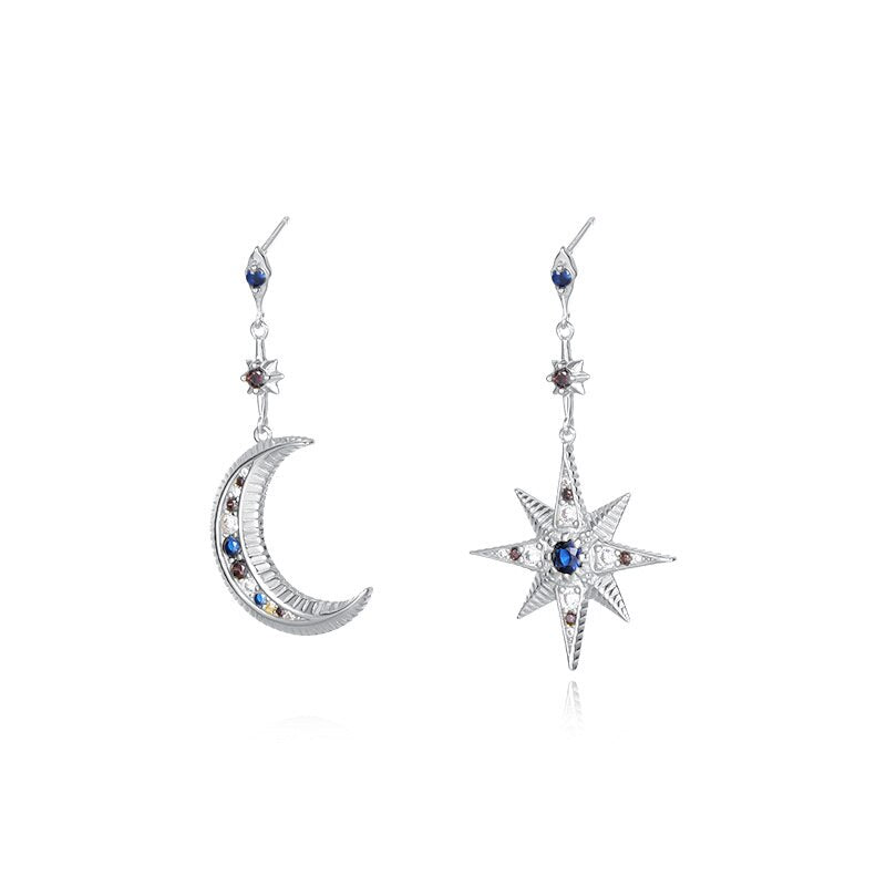 Sterling Silver Asymmetric Zircon Star Moon Earrings Thorne Rae