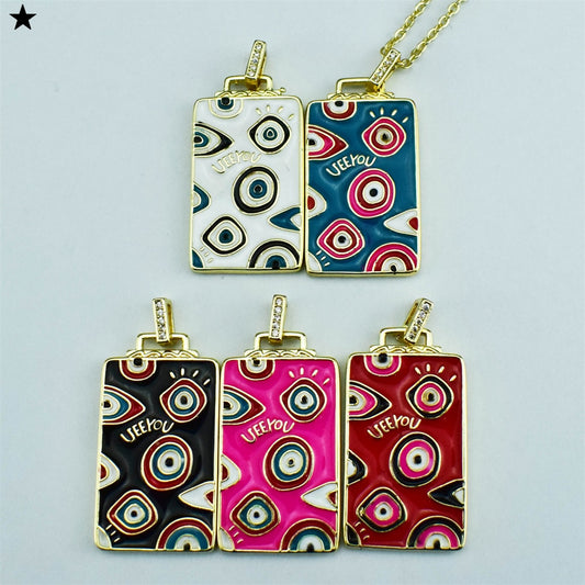 Enamel Evil Eye Rectangle Pendant Necklace