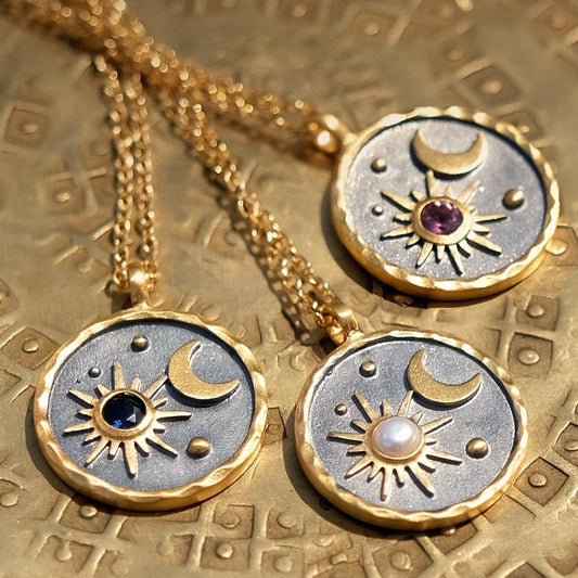 Vintage Moon Sun Birthstone Necklace