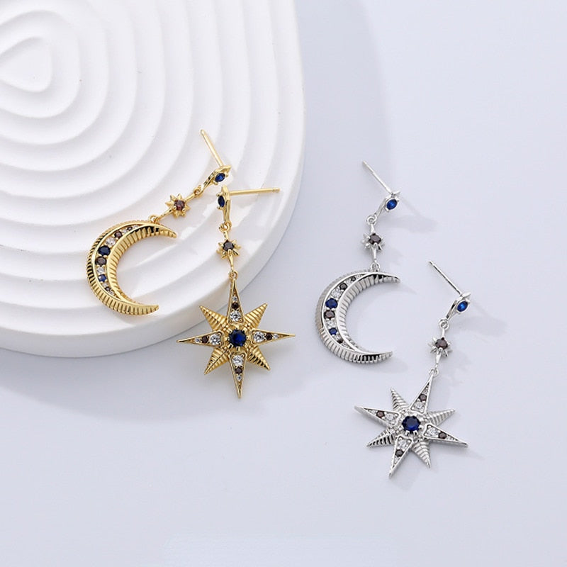 Sterling Silver Asymmetric Zircon Star Moon Earrings