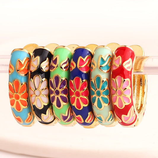 Enamel Floral Huggie Hoop Earrings