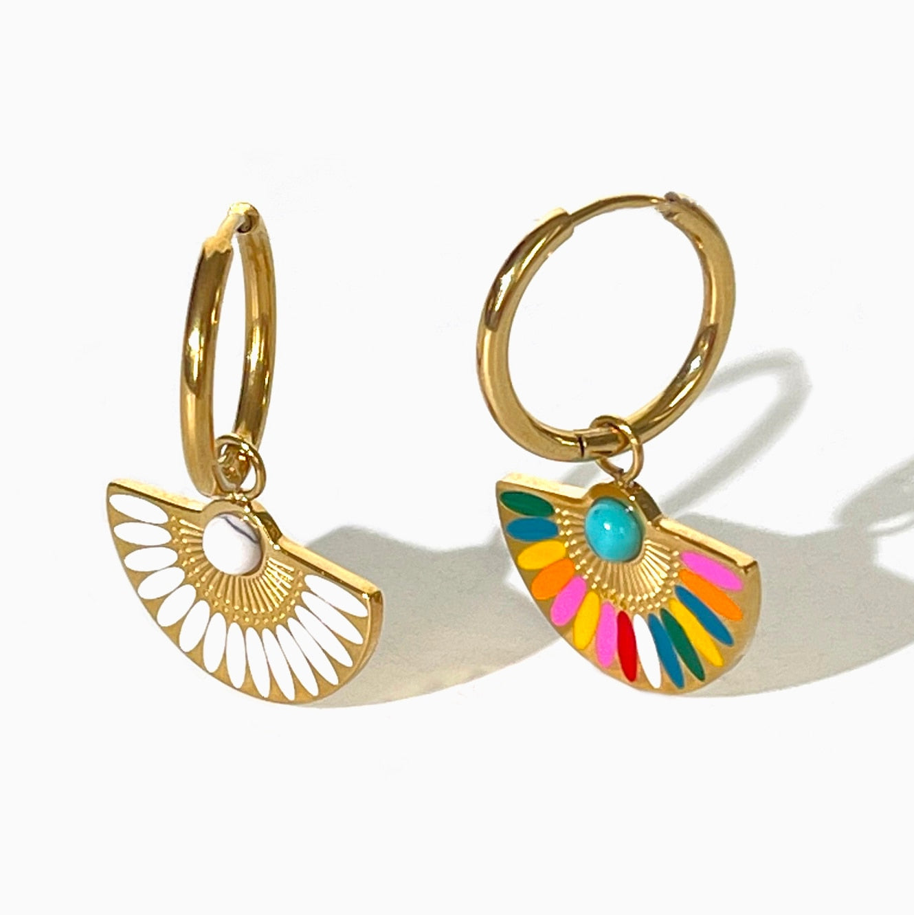 Fan Shaped Enamel Charm Hoop Earrings