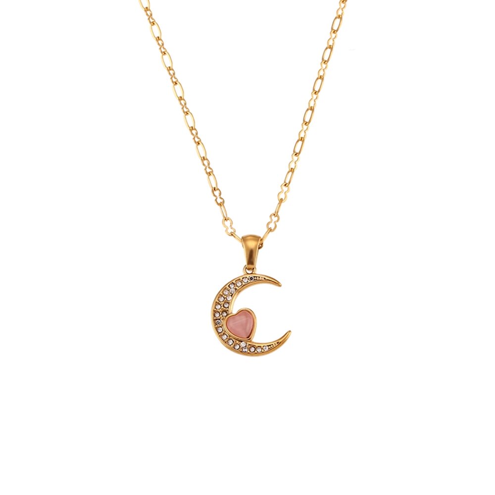 Natural Stone Heart Moon Pendant Necklace