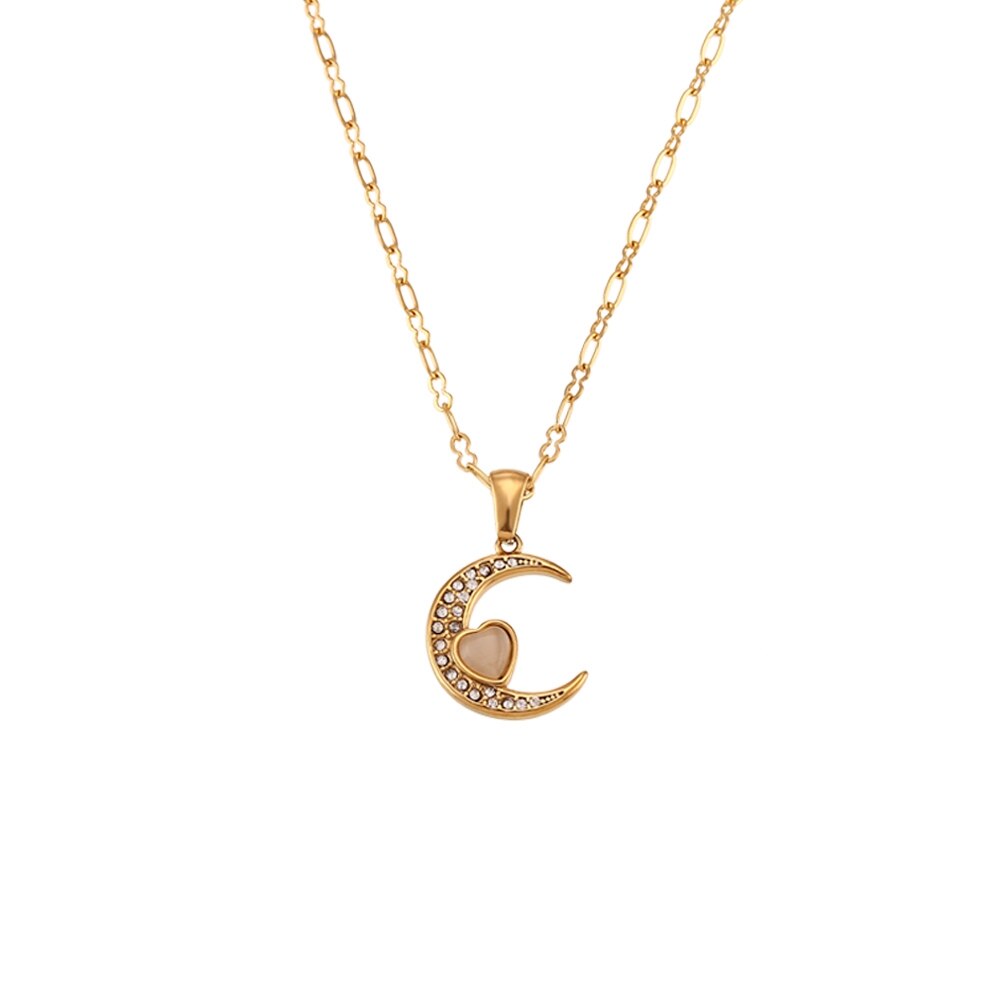 Natural Stone Heart Moon Pendant Necklace