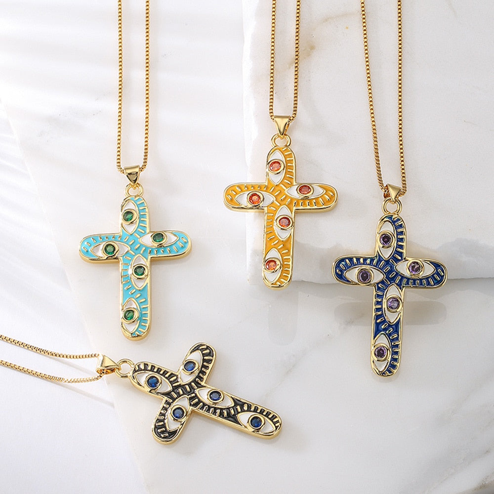 Enamel Evil Eye Cross Necklace